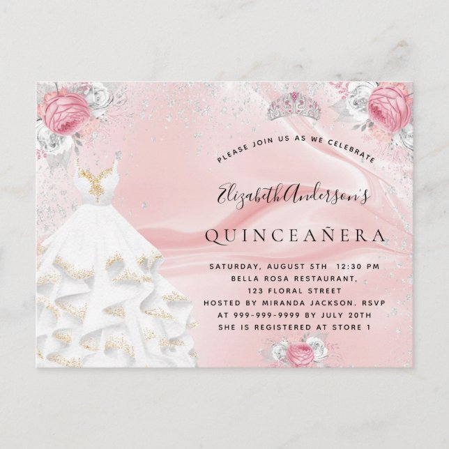 Invitation Carte Postale Quinceanera rose pâle robe de parties scintillant  (Devant)