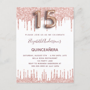 Invitation Carte Postale Quinceanera rose parties scintillant or gouttes ro