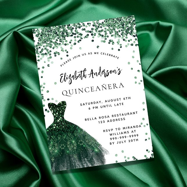 Invitation Carte Postale Quinceanera vert émeraude robe blanche (Créateur téléchargé)