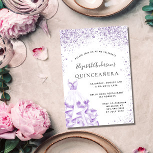 Invitation Carte Postale Quinceanera violet robe blanche parties scintillan