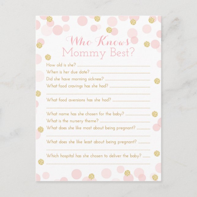 Invitation Carte Postale Quiz de Maman Baby Shower Points Dorés Roses (Devant)