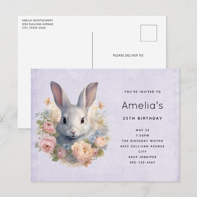 Invitation Carte Postale Rabbit Surrounded by Pastel Flowers Cute Birthday (Devant / Derrière)