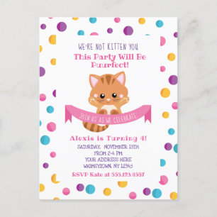 Invitation Carte Postale Rainbow Confetti Cute Kitty Chat Anniversaire