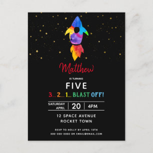Invitation Carte Postale Rainbow Rocket Ship Exterspace Anniversaire