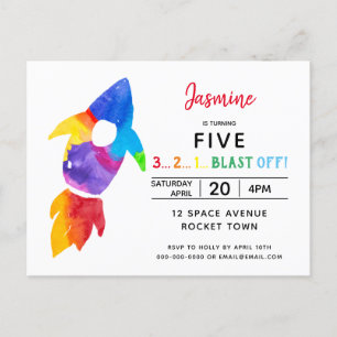 Invitation Carte Postale Rainbow Rocket Ship Exterspace Anniversaire