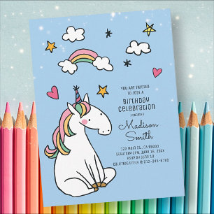 Invitation Carte Postale Rainbow Unicorn Stars Coeurs Anniversaire Invitati