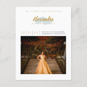Invitation Carte Postale Rainy Day Blue et Gold Photo Quinceanera