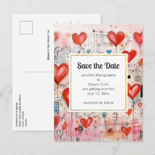 Invitation Carte Postale Rappel de date motif amour fantaisiste coeurs roug