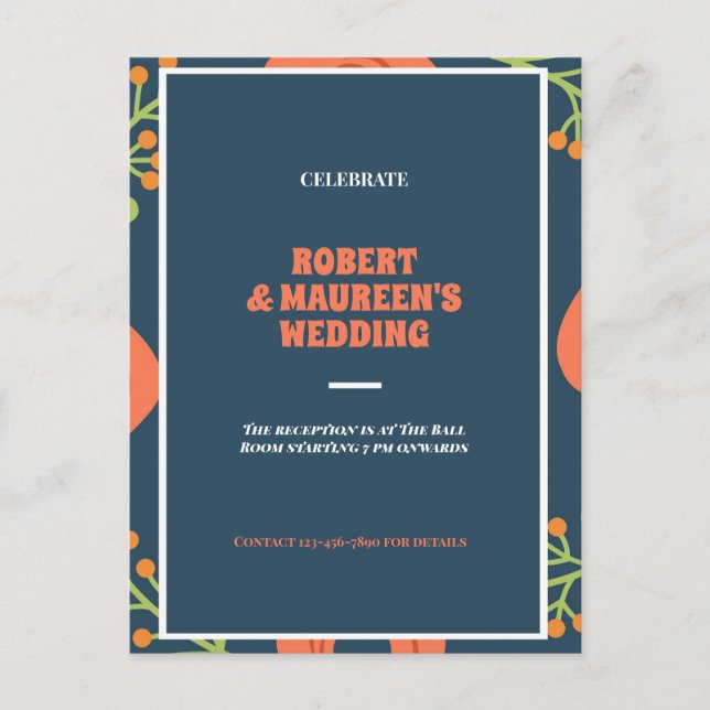 Invitation Carte Postale Réception de mariage florale bleu marine et rouge  (Devant)