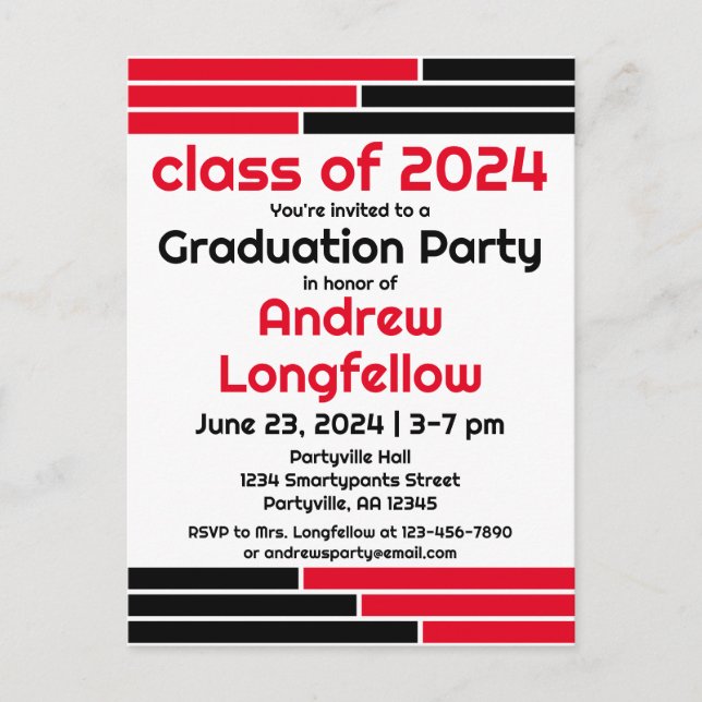 Invitation Carte Postale Red & Black Bars Graduation Party (Devant)