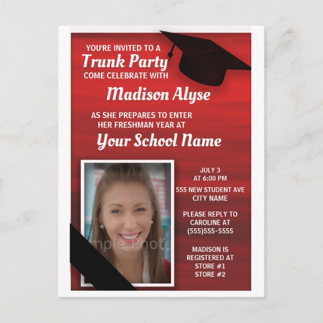 Invitation Carte Postale Red Black College Trunk Party (Devant)