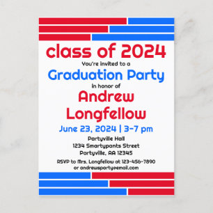 Invitation Carte Postale Red & Blue Bars Graduation Party