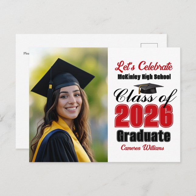Invitation Carte Postale Red Class of 2026 Photo Graduation Party (Devant / Derrière)