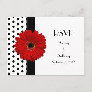 Invitation Carte Postale Red Daisy Noir Blanc Polka Pot Mariage RSVP
