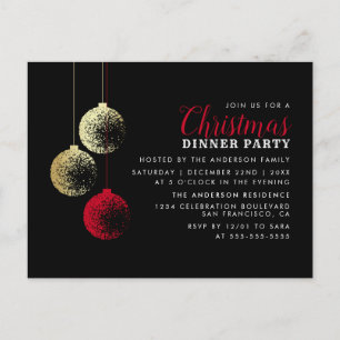 Invitation Carte Postale Red & Gold Baubles Élégant dîner de Noël