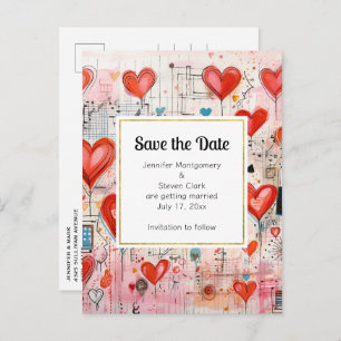Invitation Carte Postale Red Hearts Whimsical Love Motif Enregistrer la dat
