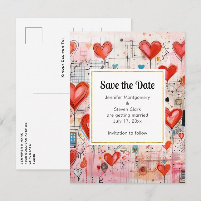 Invitation Carte Postale Red Hearts Whimsical Love Motif Enregistrer la dat (Devant / Derrière)