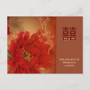 Invitation Carte Postale Red Peony Double Bonheur Mariage chinois RSVP