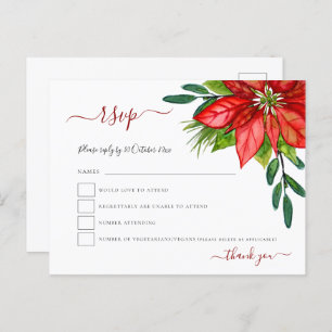 Invitation Carte Postale Red Poinsettia Foliage Noel Mariage RSVP