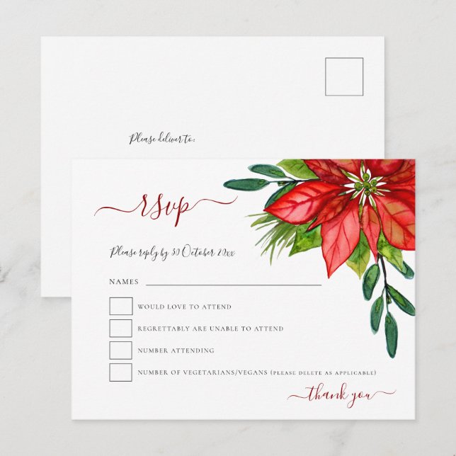 Invitation Carte Postale Red Poinsettia Foliage Noel Mariage RSVP (Devant / Derrière)