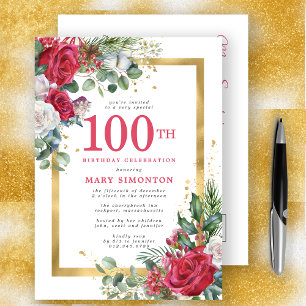 Invitation Carte Postale Red Rose Gold Holly 100e anniversaire