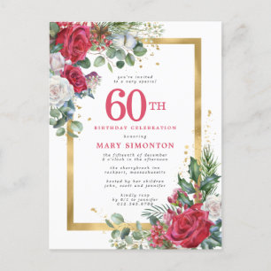 Invitation Carte Postale Red Rose Gold Holly 60e anniversaire