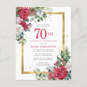Invitation Carte Postale Red Rose Gold Holly 70e anniversaire