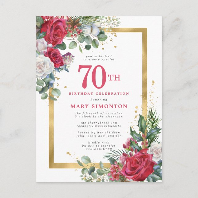 Invitation Carte Postale Red Rose Gold Holly 70e anniversaire (Devant)
