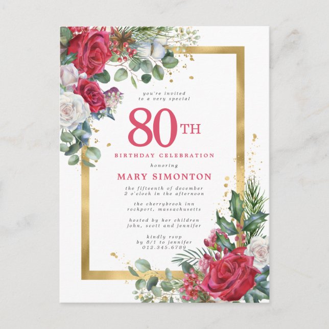 Invitation Carte Postale Red Rose Gold Holly 80e anniversaire (Devant)