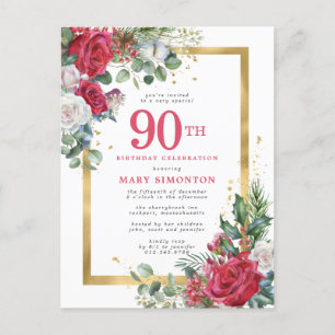 Invitation Carte Postale Red Rose Gold Holly 90e anniversaire