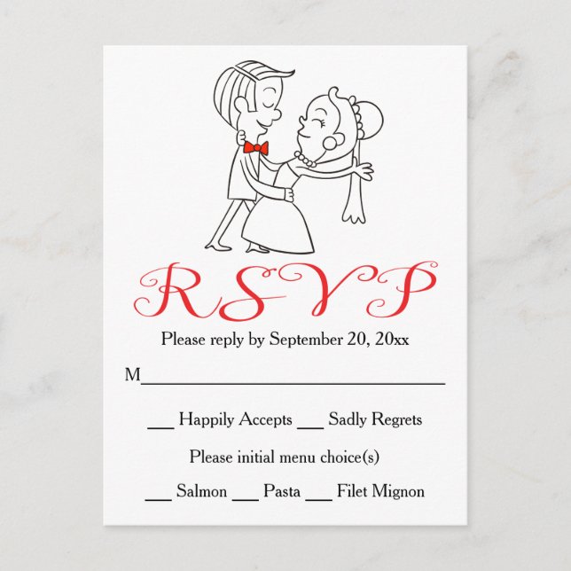 Invitation Carte Postale Red RSVP Bride & Groom Mariage noir et blanc (Devant)