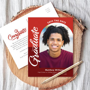 Invitation Carte Postale Red Save Date Graduation Photo Bold Arch Script