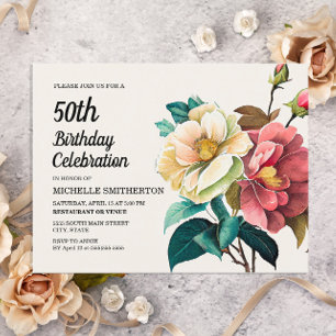Invitation Carte Postale Red White Roses femme 50e anniversaire