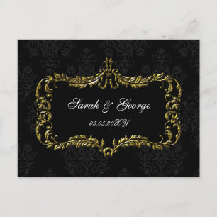 Invitation Carte Postale régal fleurir noir et or damask rsvp