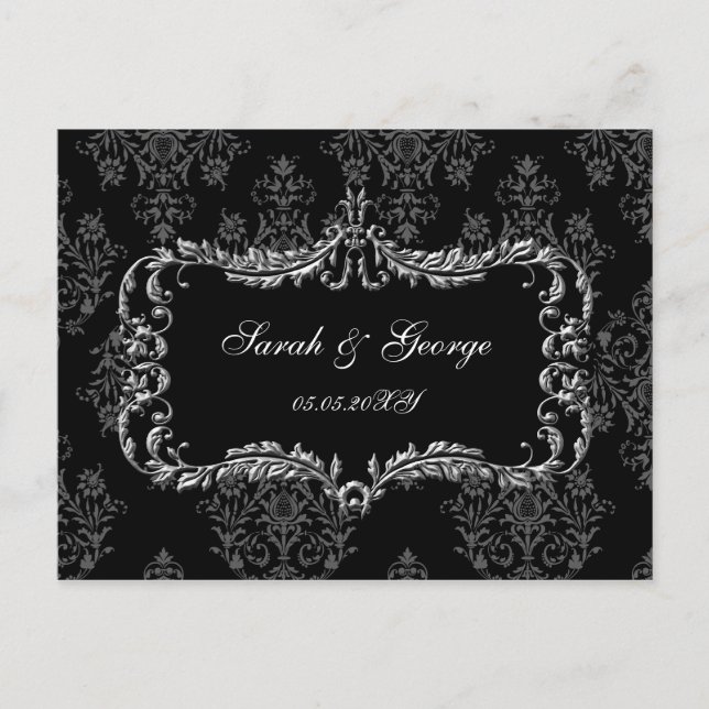 Invitation Carte Postale regal fleurit noir et gris damassé rsvp (Devant)
