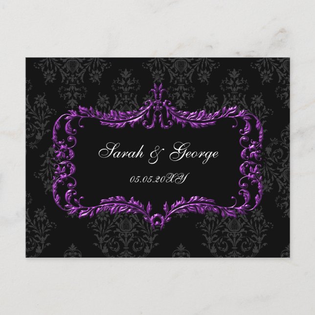 Invitation Carte Postale regal fleurit noir et pourpre damask rsvp (Devant)