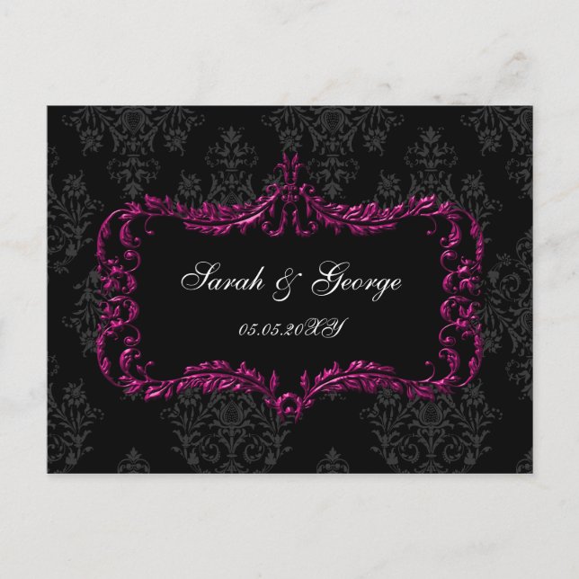 Invitation Carte Postale regal fleurit noir et rose damas rsvp (Devant)
