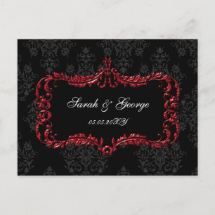 Invitation Carte Postale regal fleurit noir et rouge damas rsvp