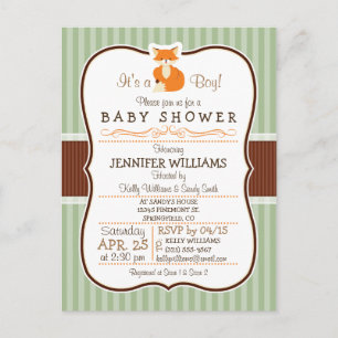 Invitation Carte Postale Renard boisé; Orange, Sage, Baby shower Brown