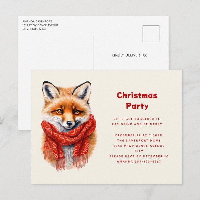Invitation Carte Postale Renard mignon avec une écharpe rouge Image d'autom (Devant / Derrière)