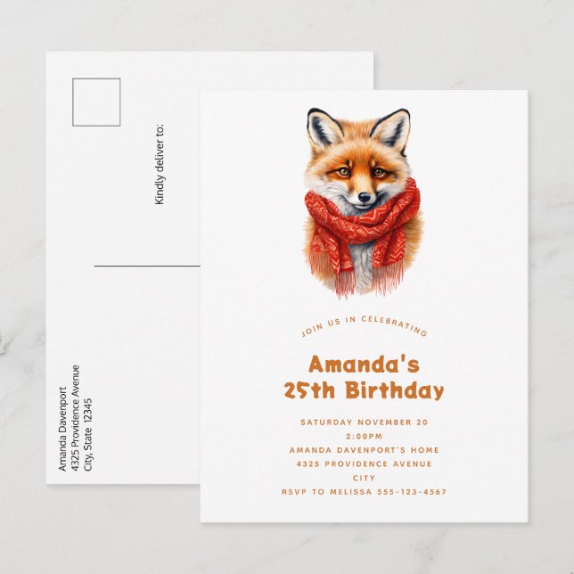 Invitation Carte Postale Renard mignon dans une écharpe rouge Image d'autom (Devant / Derrière)