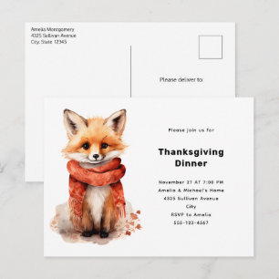 Invitation Carte Postale Renard mignon en écharpe rouge pour Thanksgiving