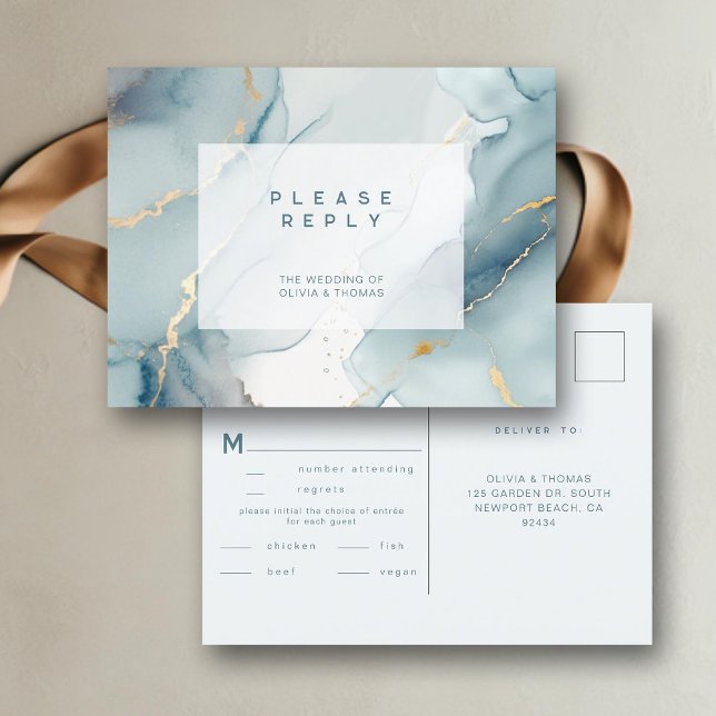 Invitation Carte Postale Repas de mariage moderne Dusty Blue Chic Beach RSV (dusty blue wedding rsvp meal card beach summer elegant bohemian modern romantic gold chic)