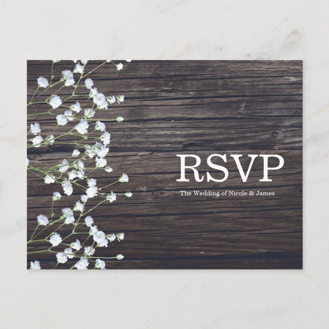Invitation Carte Postale Réponse Baby's Breath Floral & Bois Rustique Foncé (Devant)