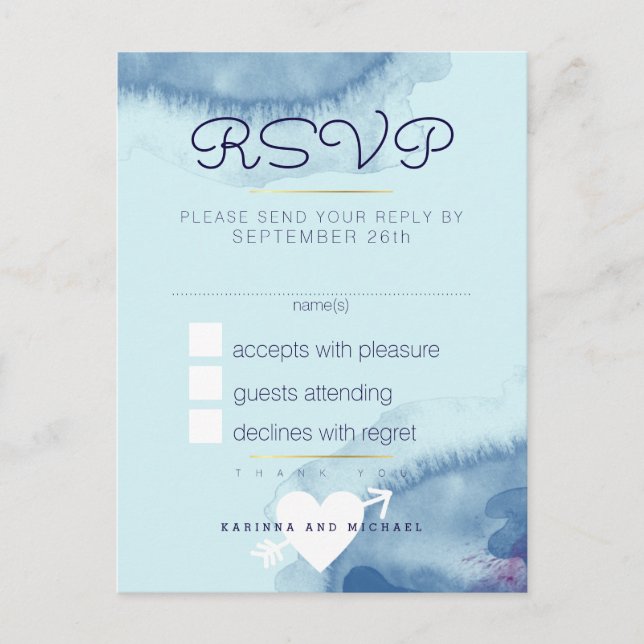 Invitation Carte Postale réponse . bleu aquarelle mariage rsvp (Devant)