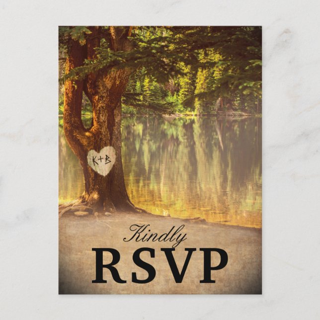 Invitation Carte Postale Réponse de mariage au lac de l'arbre rustique (Devant)