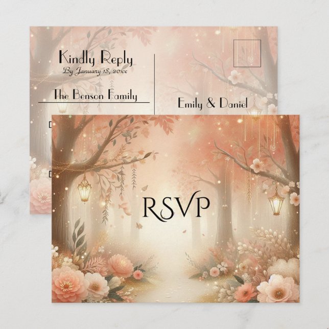Invitation Carte Postale Réponse de mariage Lanterne de la forêt enchantée  (Devant / Derrière)