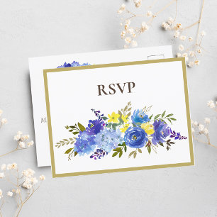 Invitation Carte Postale Réponse Mariage Carolina Bleu Floral Marron