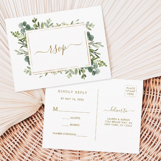 Invitation Carte Postale Réponse pour le mariage avec la verdure dorée bota (Front & Back)