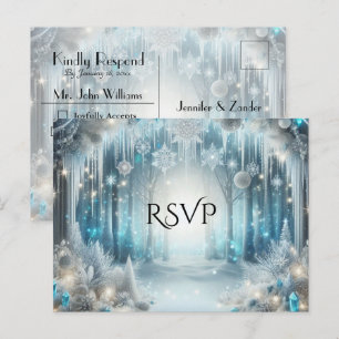 Invitation Carte Postale Réponse pour le mariage dans la forêt enneigée éti